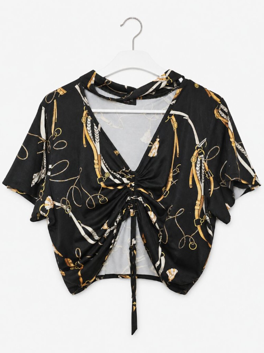 Gemstone Plus Size 2X Black Gold Chain Print Ruched Choker Blouse